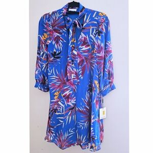 Calvin Klein Blue Tropical Print Bow Tie Trapeze Chiffon Dress